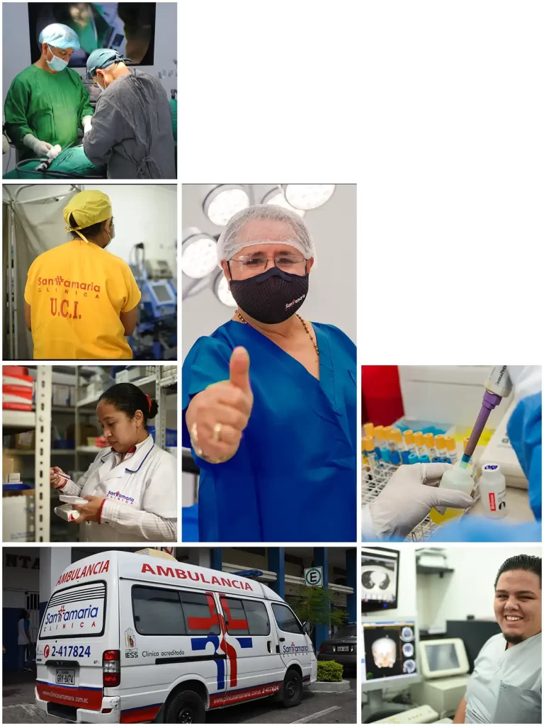 Collage de actividades y personal en el Hospital Santamaria, destacando diferentes áreas de atención médica